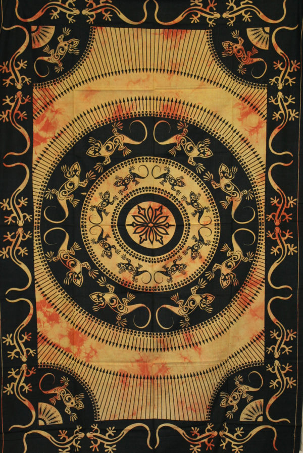 Yellow black tapestry with geckos in a circle