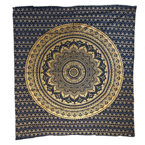 Golden Lotus Flower Floral Decor Tapestry Wall Hanging Double Blue