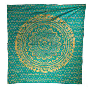 Golden Lotus Flower Floral Decor Tapestry Wall Hanging Double Teal