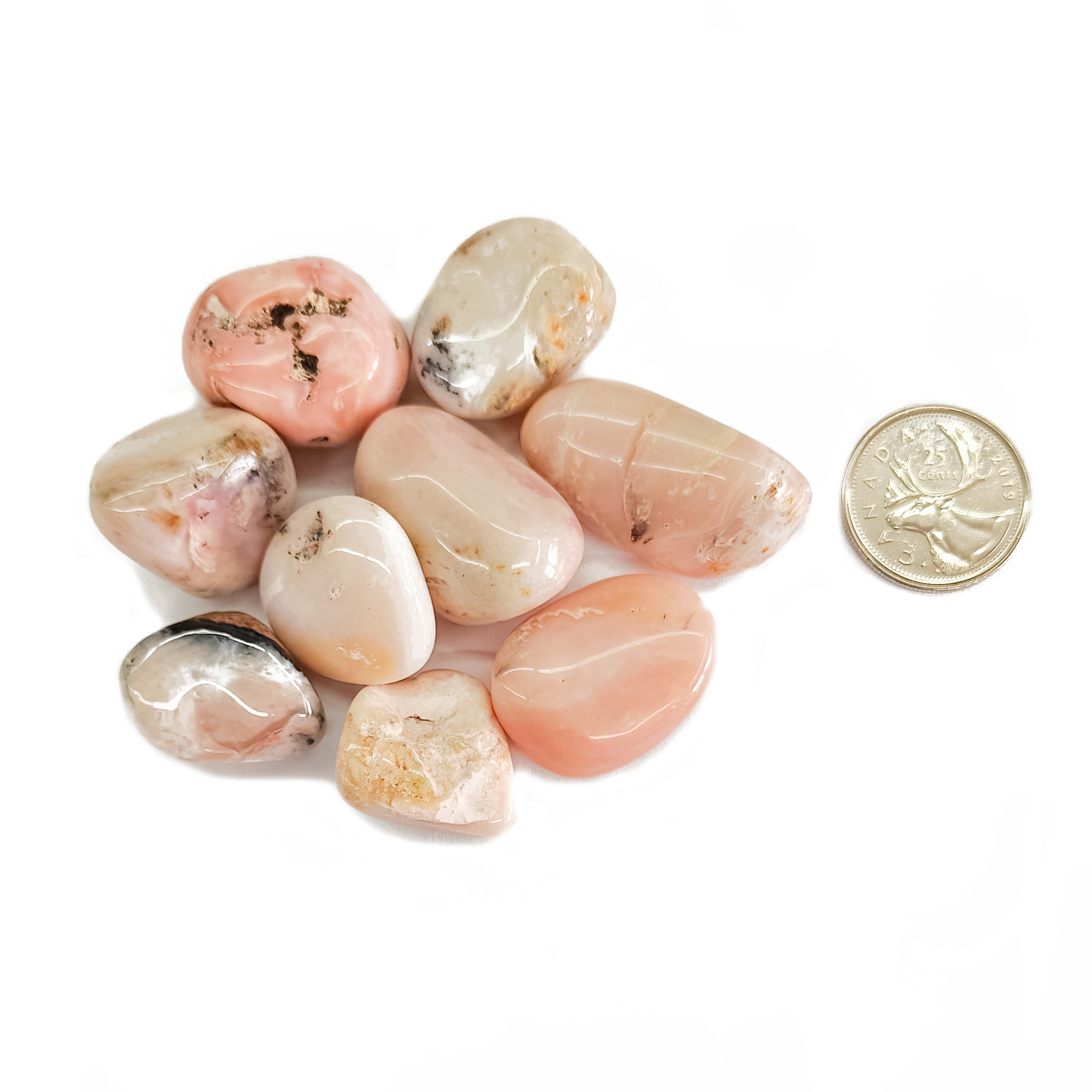 Tumbled Mangano Calcite Size Compare