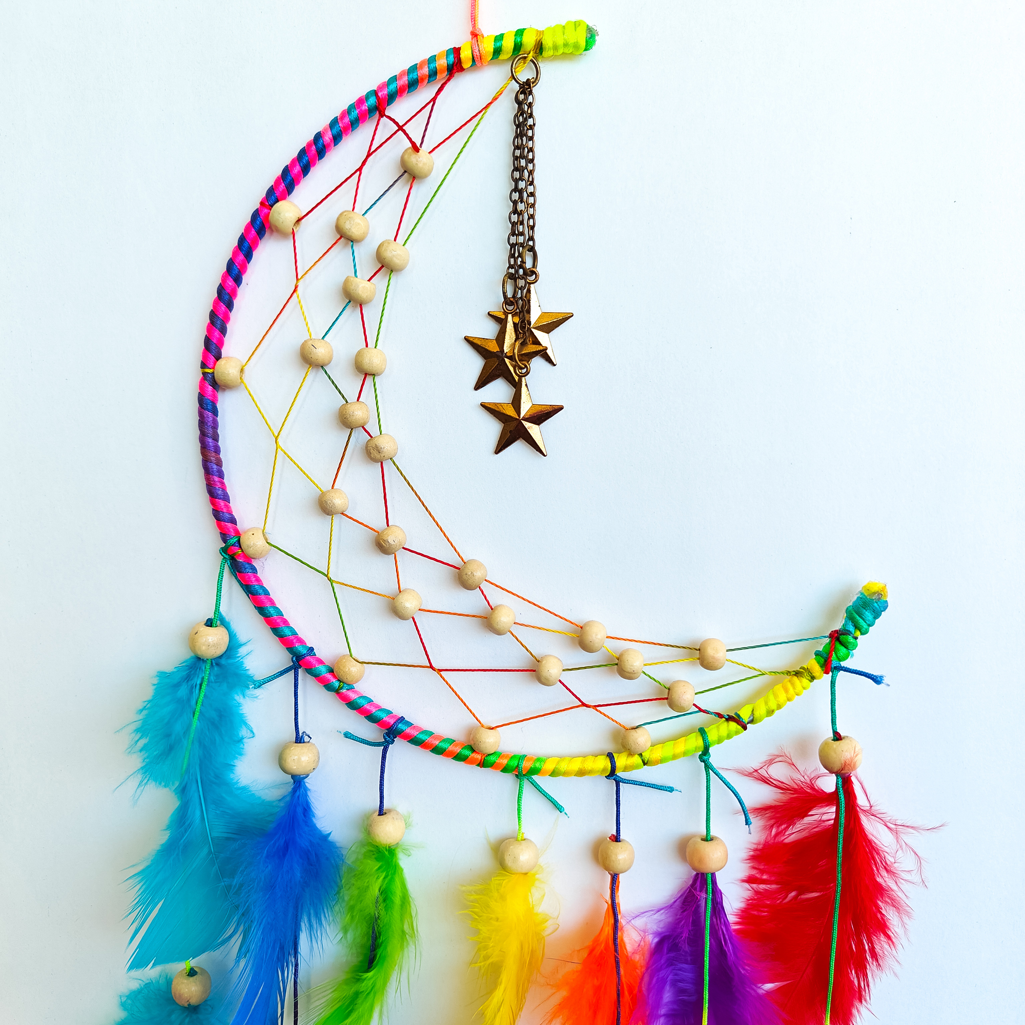 Moon Dreamcatcher with rainbow feathers close up