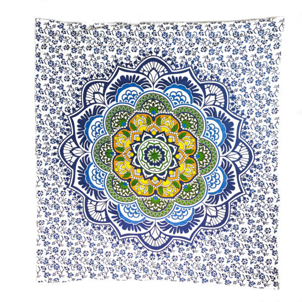 Colorful Camellia Flower Mandala Double Tapestry Yellow Green